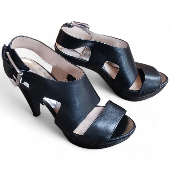 Michael Kors Carla Black Leather Platform Open Toe Cone Heels - Picture 4 of 16